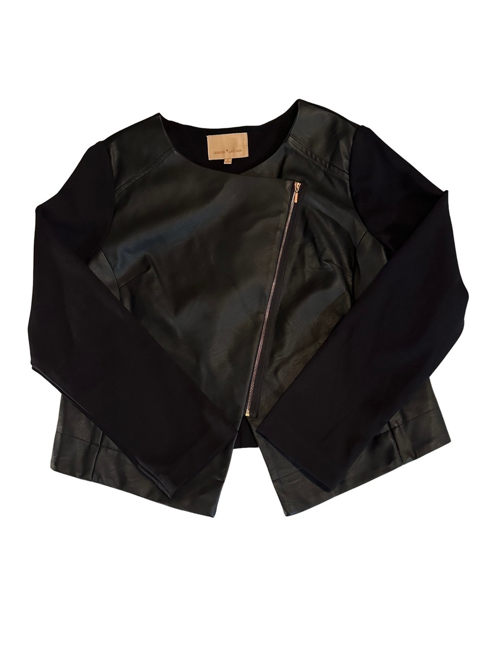 Gibson Latimer Faux Leather Moto Jacket Black Knit Sleeves Rose Gold Zip L